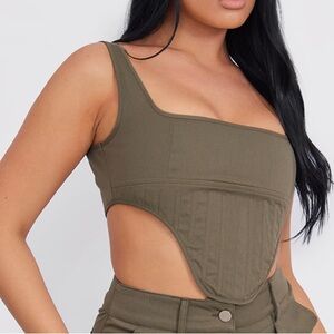 Olive Green Twill Dip Hem Cargo Corset Top